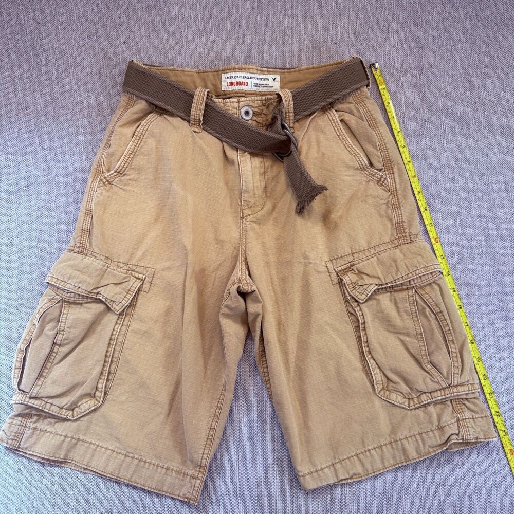 American Eagle Longboard Cargo Shorts Mens 30 Tan Cotton Belted Utility